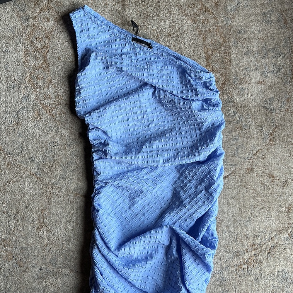 Blue One Shoulder Textured Ruched Midi Dress - Picture 6 of 8